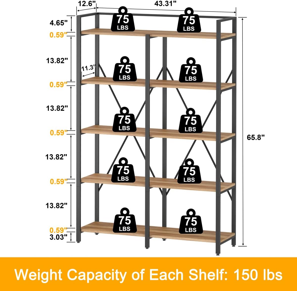 BON AUGURE Industrial Bookshelves and Bookcases, 5 Tier Heavy Duty Etagere Shelving Unit, Farmhouse Rustic Wood Metal Book Shelves for Office, Living Room and Bedroom (Vintage Oak)
