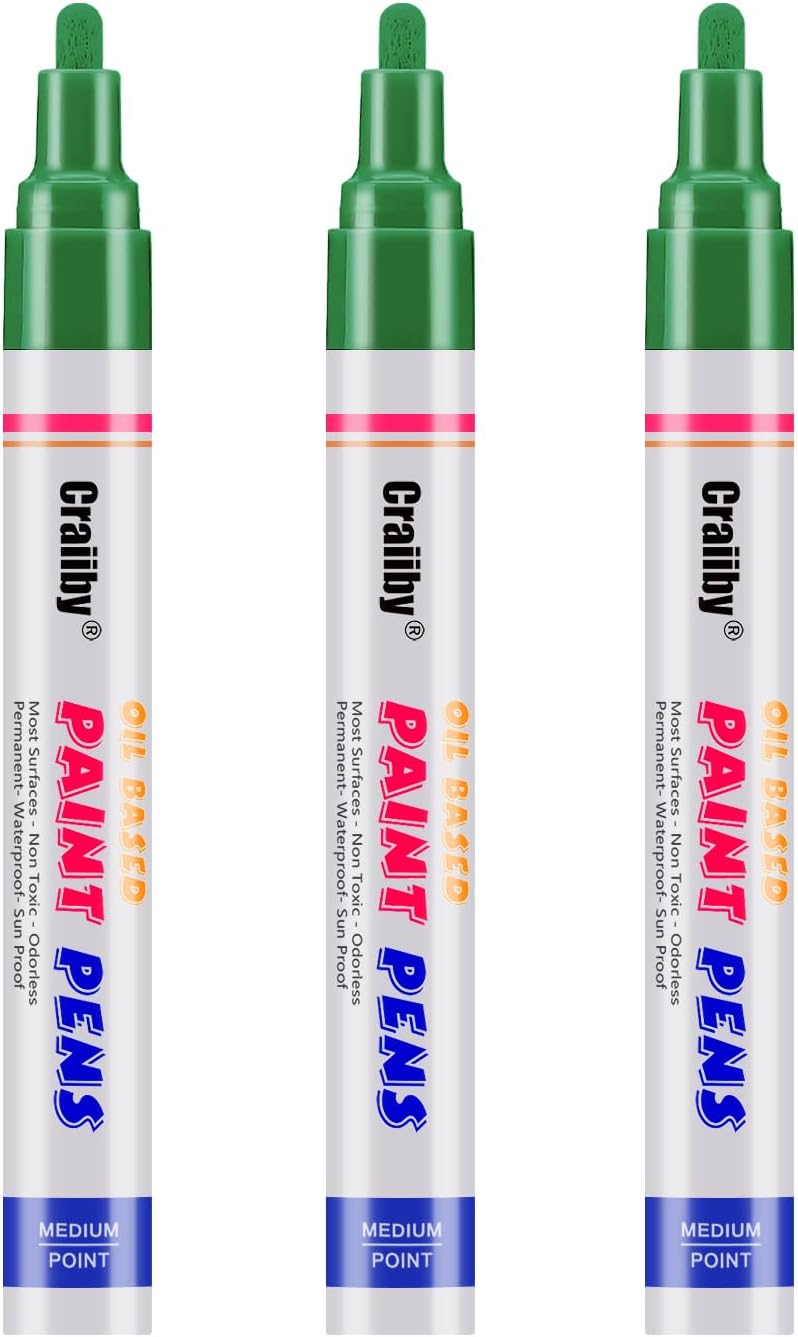 Green Paint Markers, 3 Pack Oil-Based Waterproof Quick Dry Permanent Paint Pen Set for Rocks Painting, Wood, Fabric, Plastic, Canvas, Glass, Mugs, Metal, Tire, Stone, DIY Craft