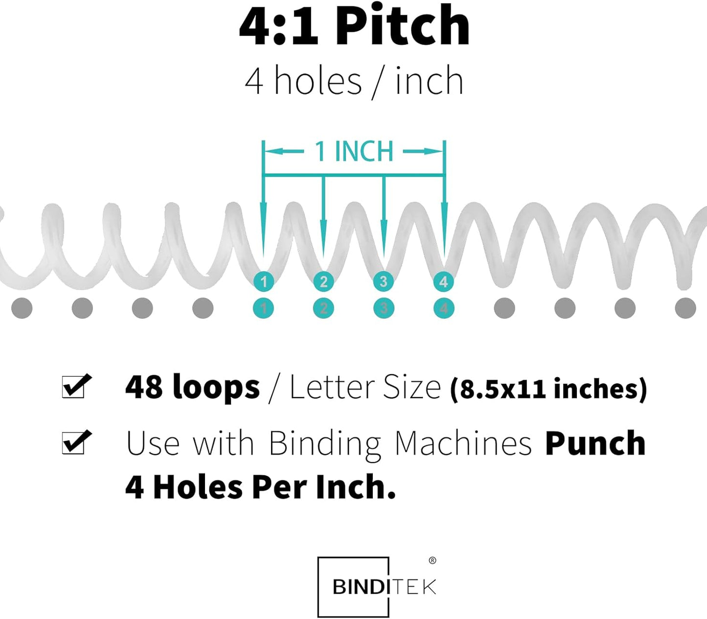 Binditek 50 Pack Plastic Spiral Binding Coils, 12mm(1/2"), 90 Sheet Capacity, 4:1 Pitch, White, 48Loops, for Letter Size, for Students and Coworkers