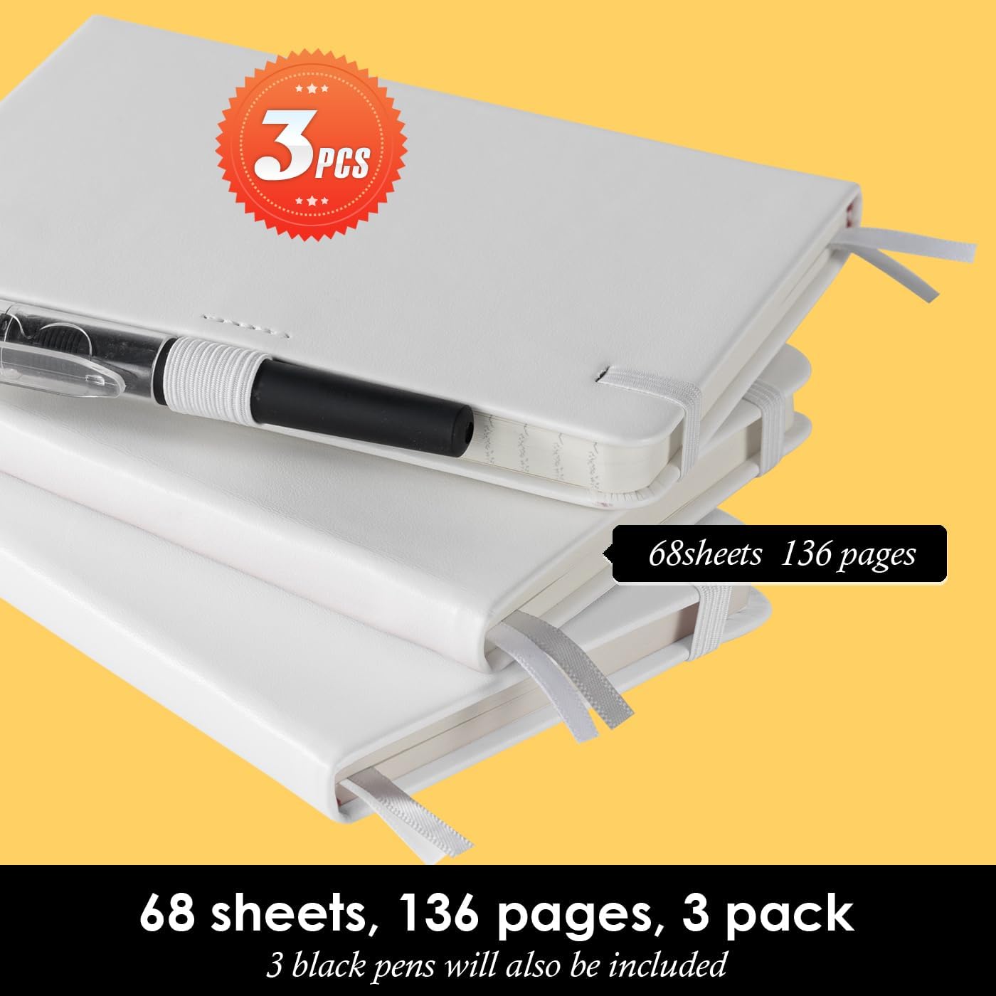 Small Notebook Pocket Size Journal 3.7" x 5.7" (3 Pack), A6 Mini Notepad with Pen, Small Leather Note Book, 100gsm Lined paper, 408 Pages, White