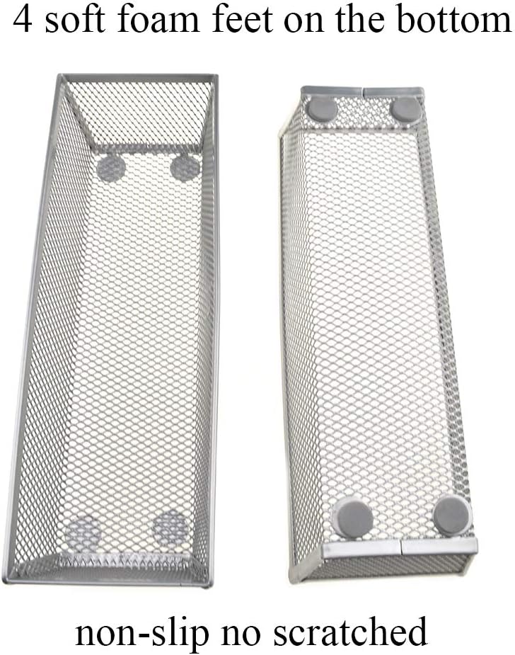HAHIYO Stackable Mesh Tray Cup 9 x 3 x 2 inches Sturdy Container for Desk Drawer Organizer Collection for Home Office School kitchen Soft Foam Feet No Sharp Edges 2 Pack Silver