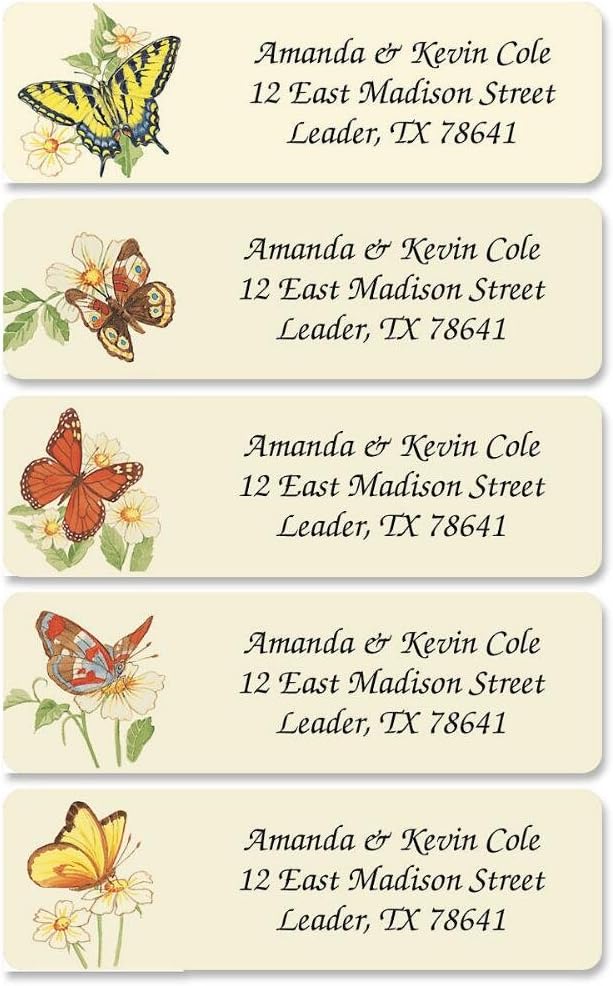 Butterflies Rolled Personalized Return Address Mailing Labels with Dispenser, Set of 500, 5 Designs, Small ¾ x 2½ Inch Size, Custom Self-Adhesive Sticker Roll, by Colorful Images