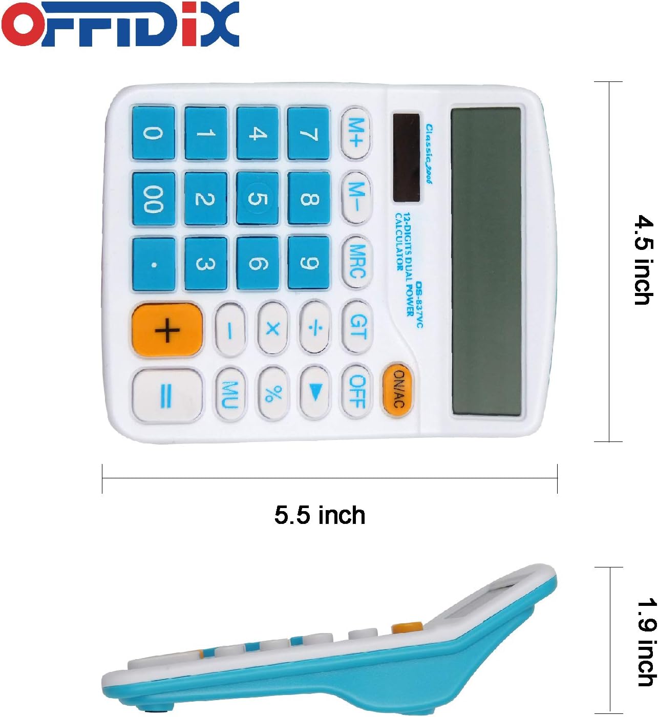 OFFIDIX Office Desktop Calculator, Solar and Battery Dual Power Electronic Calculator Portable 12 Digit Large LCD Display Calculator, Blue