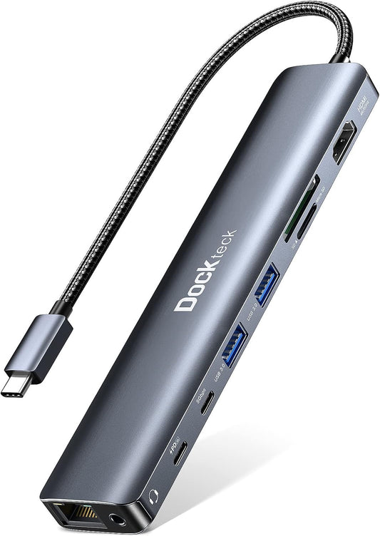 Dockteck 9-in-1 USB-C Hub: HDMI 4K@60Hz, Ethernet, 100W PD, Audio, 2x USB-A 5 Gbps, SD/TF Card Reader for MacBook, iPad, XPS, Microsoft