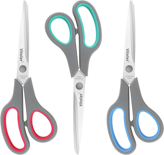 Vitoler Scissors, Heavy Duty Scissors All Purpose Bulk Set of 3-Pack，Sharp Scissor for Office School Craft Sewing Fabric, Right/Left Hand