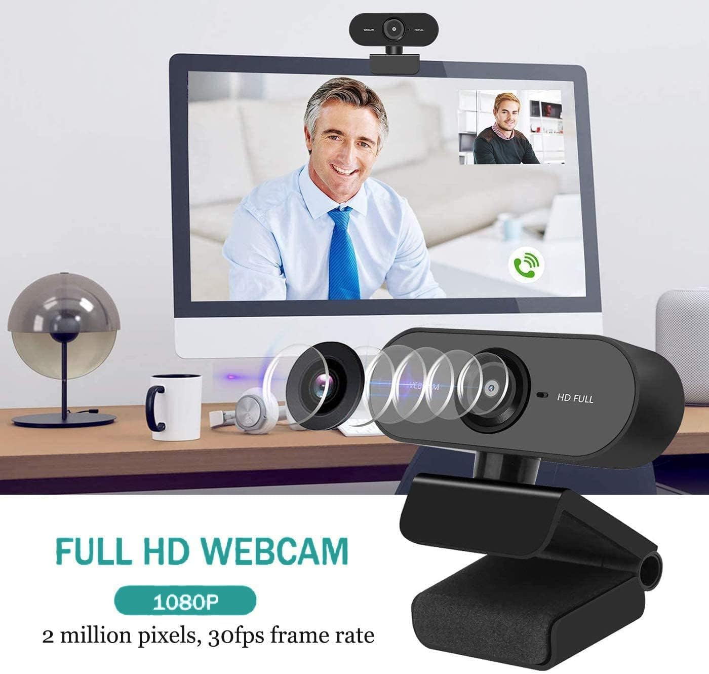 Webcam with Microphone, Full HD 1080P Webcam for PC, Laptop, Desktop, MAC, Plug and Play Web Camera with Privacy Cover, USB Camera for YouTube, Zoom, Skype, Facetime, Windows, Linux, and macOS