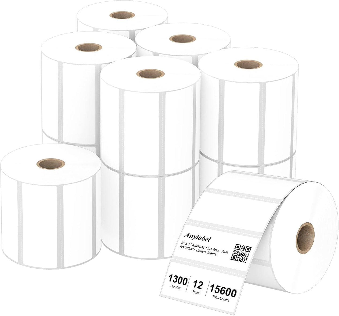 Compatible 3" x 1" Direct Thermal Labes Replacement for Barcodes Postage Address Shipping Compatible with Rollo & Zebra Desktop Printers Adhesive & Perforated (12 Rolls, 1300 Labels/Roll)
