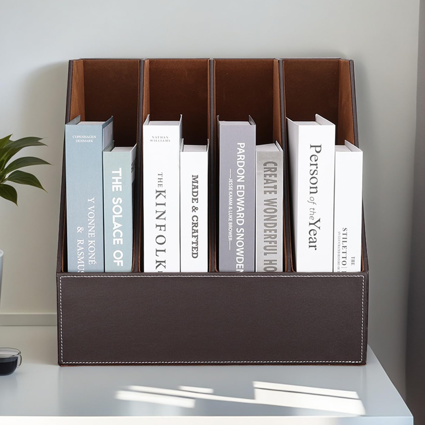 KINGFOM 4-Slot Wood Leather Document Files Holder Rack Stand Desk Files Organizer Papers Collection Cabinet (4 slot brown)