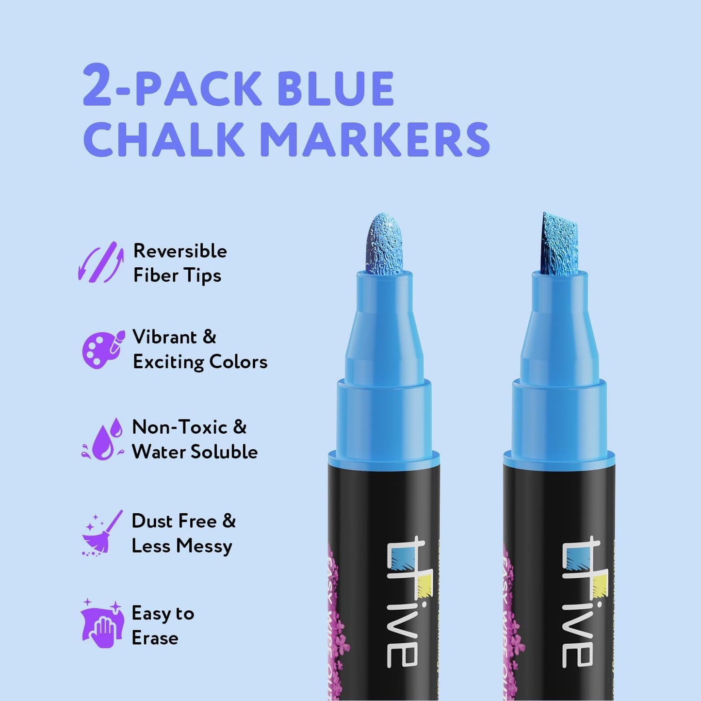 TFIVE Blue Liquid Chalk Markers - 2 Pack Bright Colors Erasable Chalk Marker Pens, Reversible Tip, Non-Toxic, for Chalkboards, Signs, Glass, Easy to use Chalk markers TF800