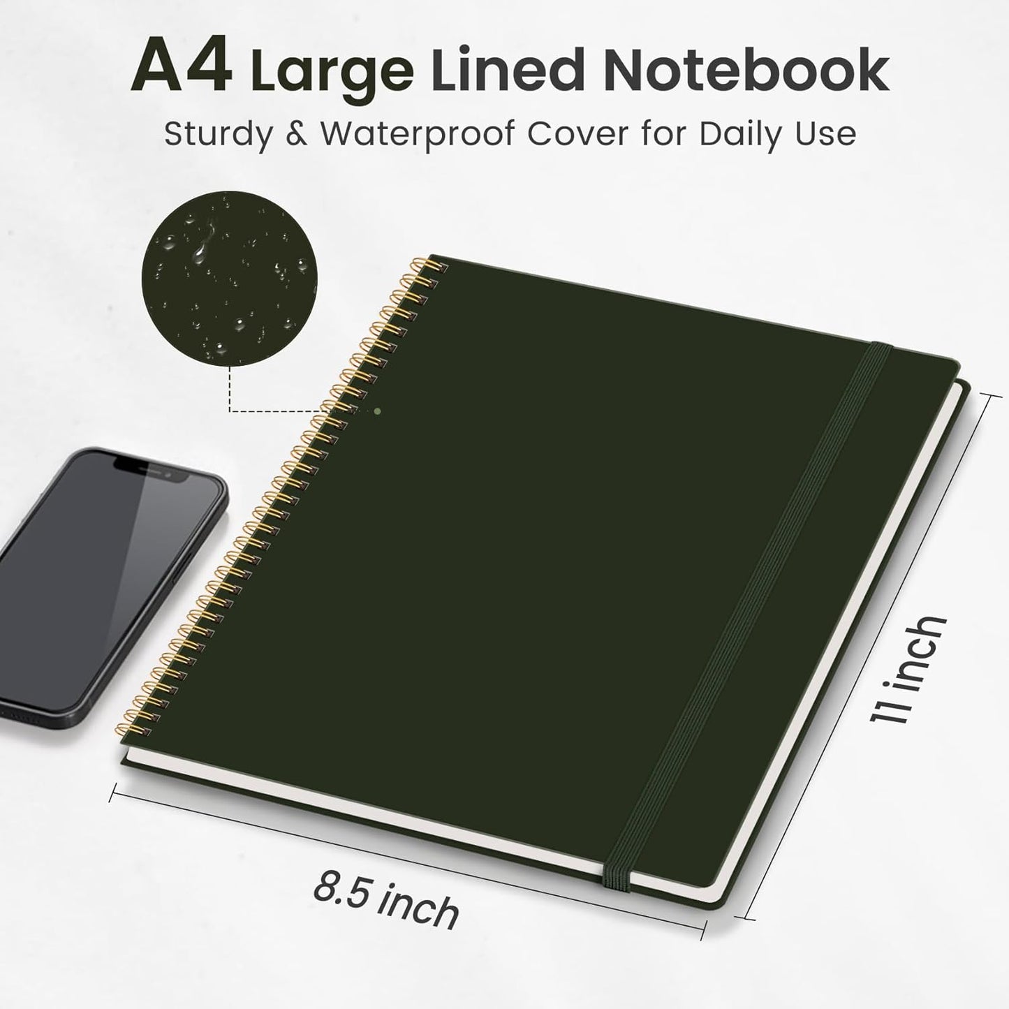 Taja Spiral Lined Notebook, 8.5"x11" Notebooks for Work, Large A4 Journal for Women & Men, College Ruled Journaling Notebook for Writing, Plastic Cover Spiral Journal, Olive