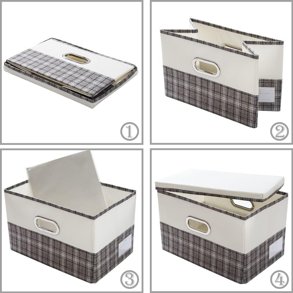 PRANDOM Collapsible Storage Bin with Lid [3-Pack] Fabric Foldable Storage Box Organizer Container Basket Cube with Cover for Home Bedroom Closet Office Nursery Gray plaid & Cream(14.9x9.8x9.8)