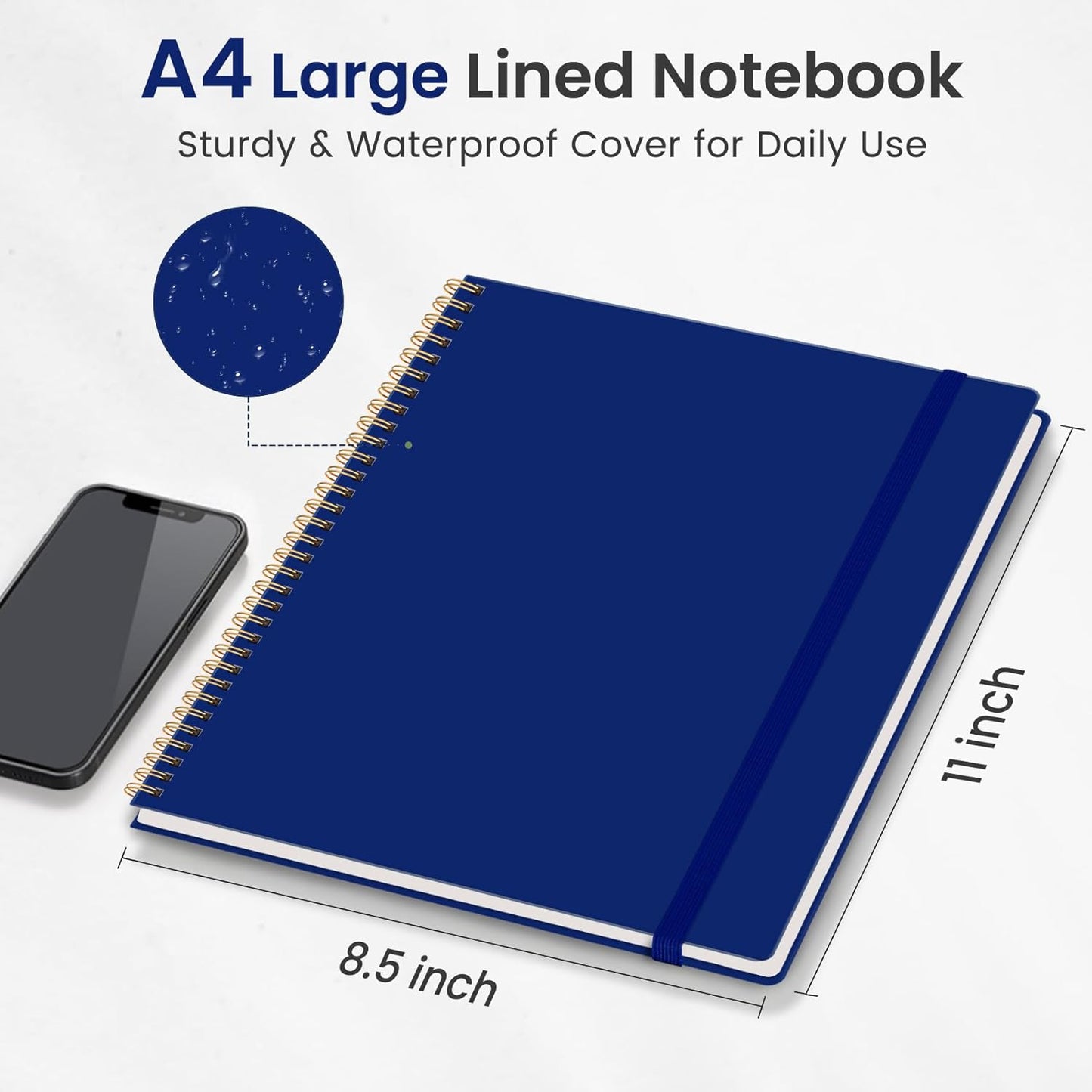 Taja Spiral Lined Notebook, 8.5"x11" Notebooks for Work, Large A4 Journal for Women & Men, College Ruled Journaling Notebook for Writing, Plastic Cover Spiral Journal, Cobalt