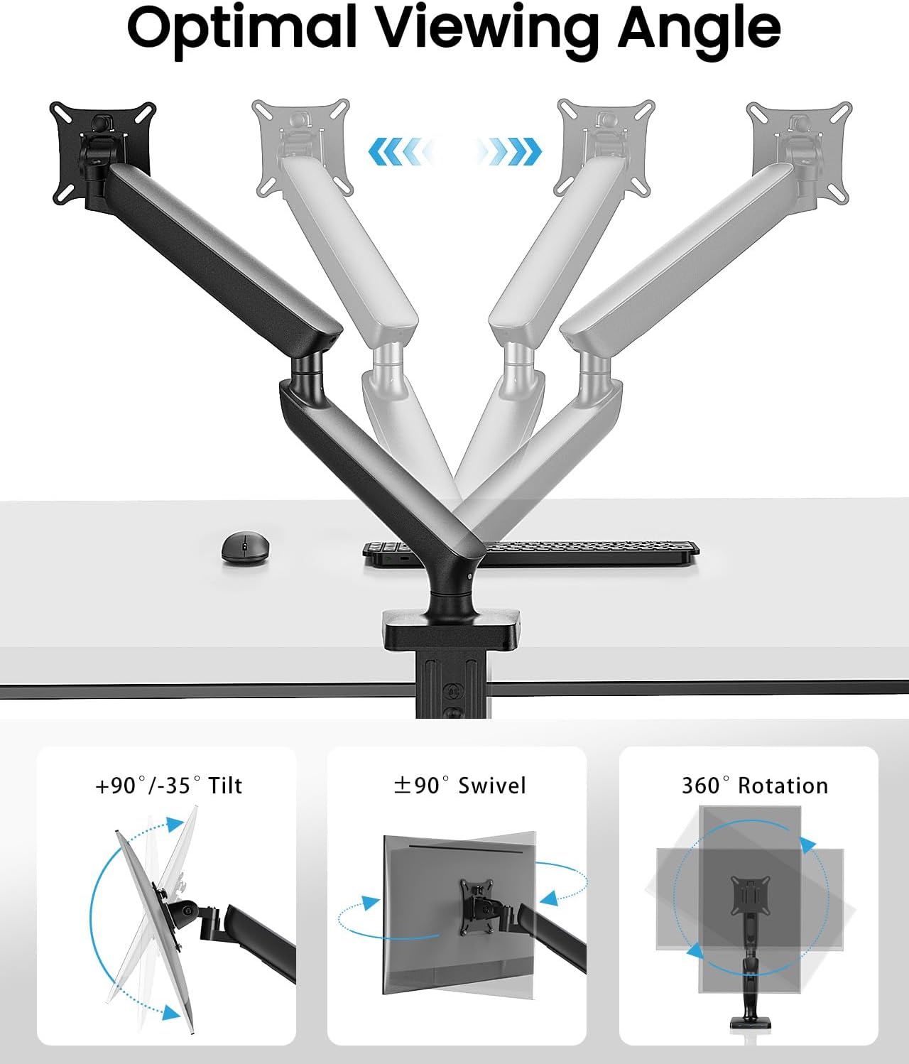 Single Monitor Mount for 13-40 Inch Screens up to 24 lbs, Ergonomic Adjustable Monitor Arm with Built-in USB 3.0 Hub, Space-Saving VESA Desk Mount for Home Office & Gaming, C-Clamp & Grommet Base