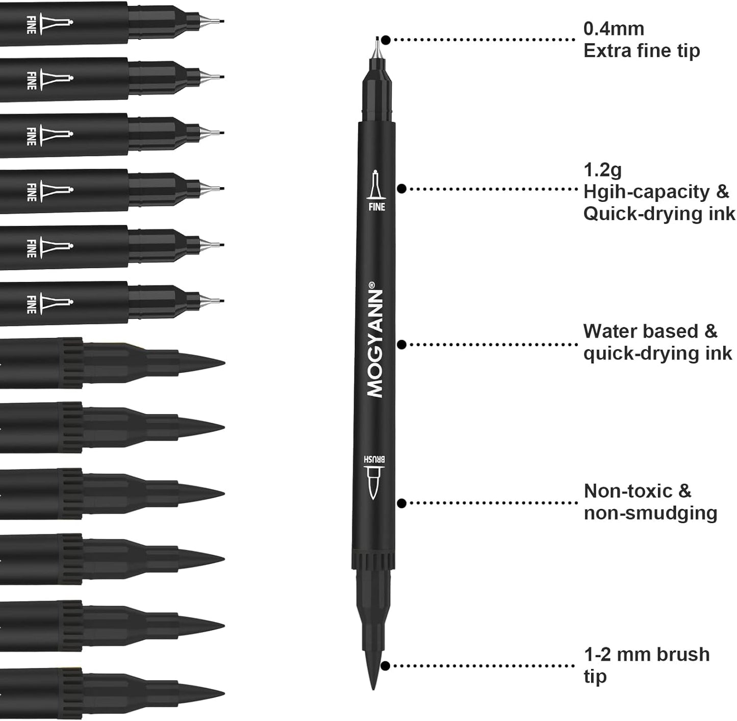 Mogyann Drawing Pens, 12 Pack Dual Brush Pens Black Markers for Art Drawing Sketching