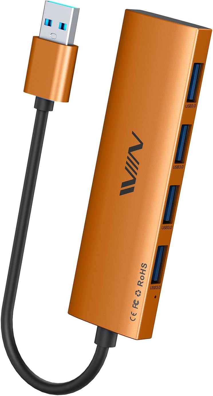 USB 3.0 Hub,4 Port USB Splitter Extender Portable Adapter Multiport Data Hub for Laptop,Xbox, Flash Drive,HDD,Console,Camera,Keyborad,Mouse Windows,Mac OS PC,Not Designed to Charge Devices-Orange