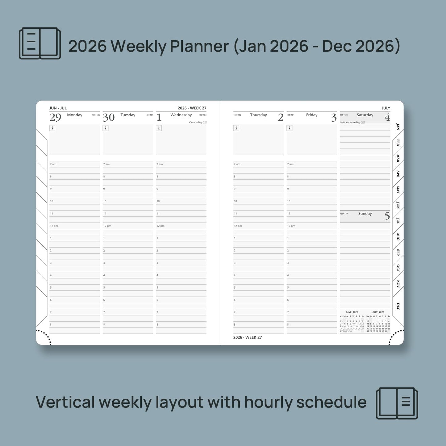 POPRUN 2026 Planner (Medium Size 8.5''x 6.5'' Hardcover) - Daily Weekly and Monthly Calendar Agenda 2026 Appointment Book with Hourly Time Slots, Monthly Tabs, 100 GSM - Midnight Green