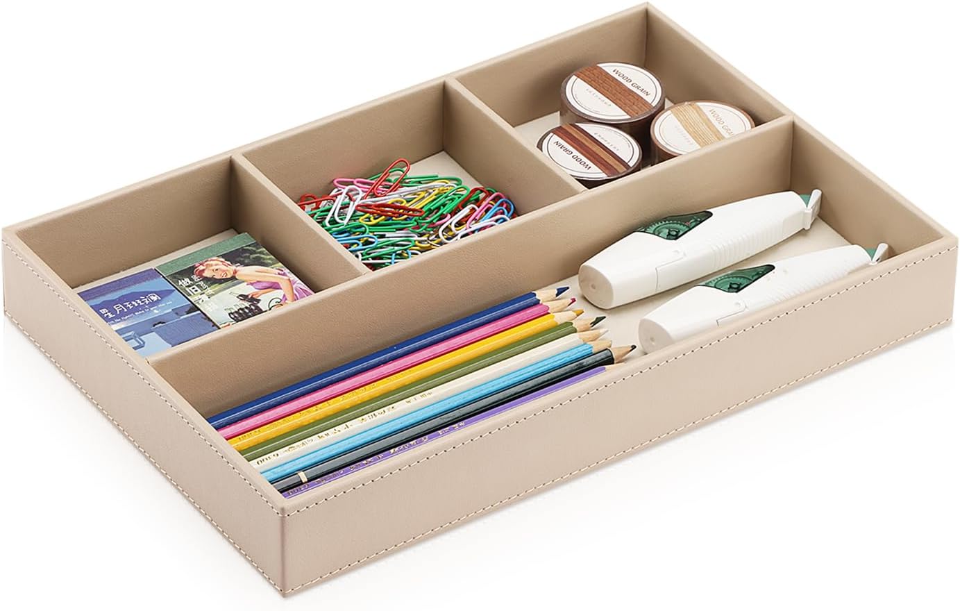 KINGFOM 4-Slot Leather Drawer Tray Desk Stationery Sundries Organizer Storage Box Pen Pencil Holder Case Container (Dark Beige)
