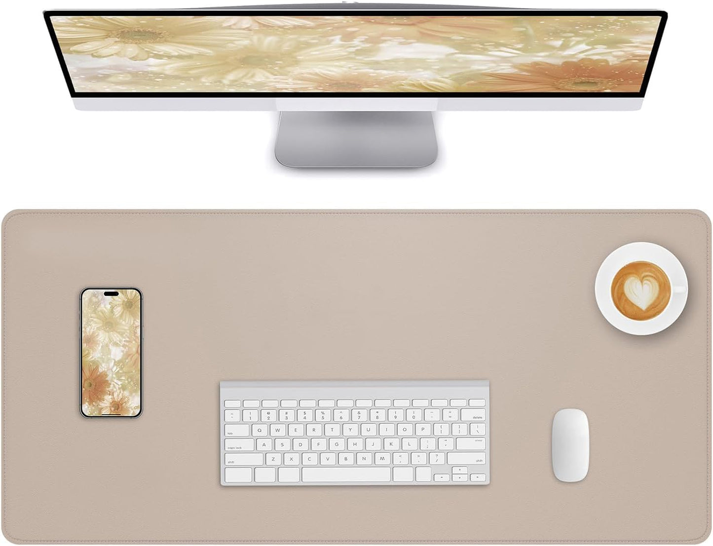 Leather Desk Pad Protector Large Mouse Pad, Stitched Locking Edge Non-Slip PU Leather Desk Mat Laptop Desk Pad Blotter, Waterproof Durable Writing Pad for Office and Home (Beige, 120 x 43cm)