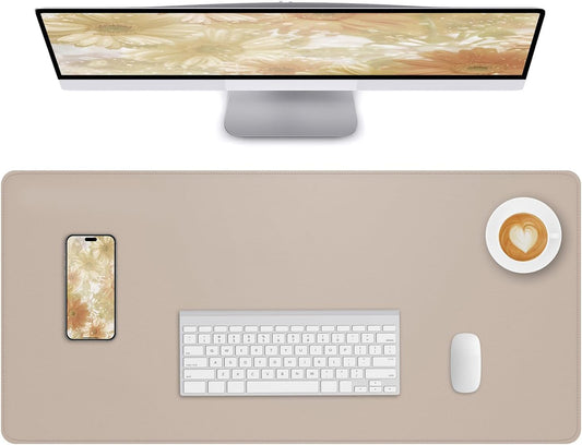 Large Desk Mouse Pad Protector, Stitched Locking Edge Non-Slip PU Leather Desk Mat Laptop Table Pad Blotter, Waterproof Durable Writing Pad for Office and Home (Beige, 90 x 43cm)