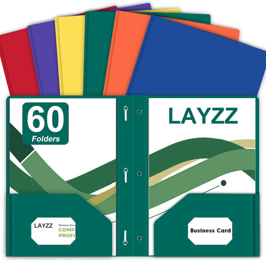 Two Pocket Folders with Prongs, LAYZZ 60 Pack Poly Plastic Folders, Heavy Duty Plastic Folders with Pockets and Prongs, Letter Size, 6 Colors, for Offices and Schools