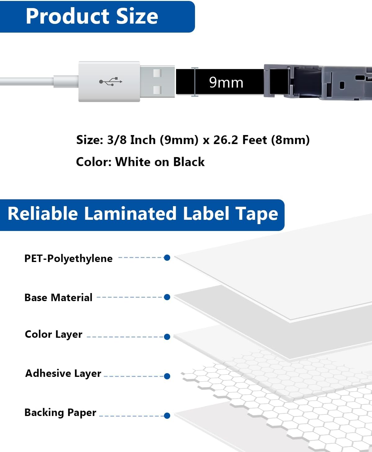 9mm 0.35 Inch Laminated White on Black Compatible with P Touch Label Tape TZ TZe-325 TZe325 Refills for Ptouch PT-H110 D200 D210 D220 D400 D610BT H103W Label Maker, 3-Pack