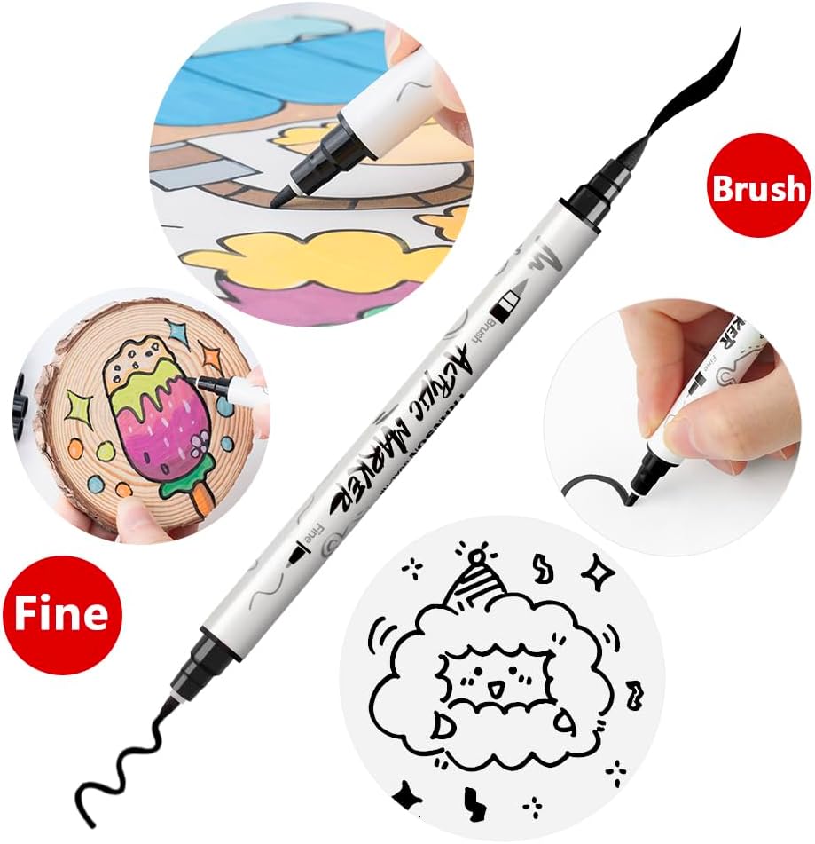 TRANSON 8 Pack Black Brush and Fine Dual-tip Acrylic Paint Marker for DIY Glass Canvas Wood Leather Ceramic Rock Painting