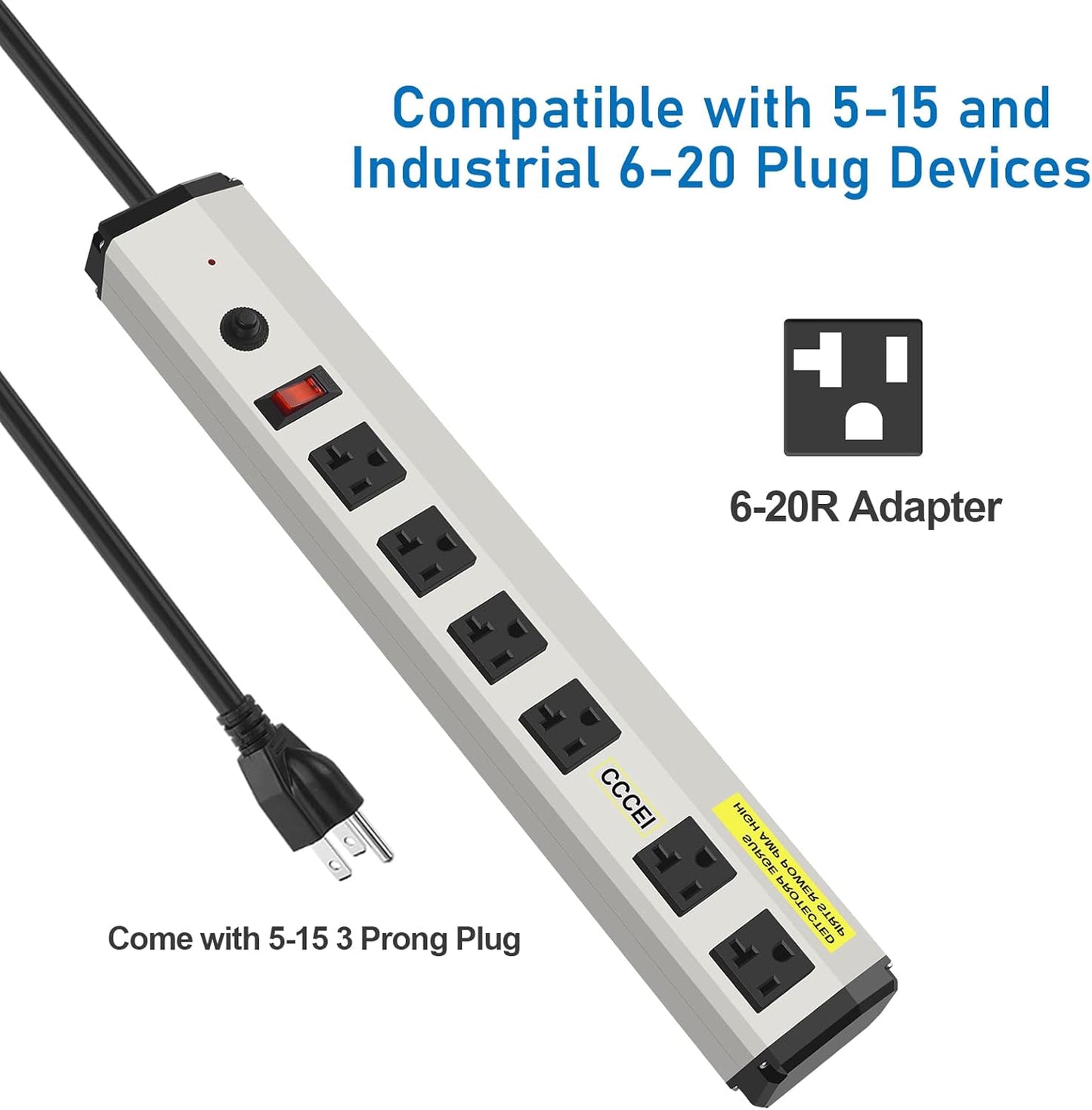 CCCEI Heavy Duty Power Strip Surge Protector 20 Amp, High Amp Industrial Shop Garage Metal Multiple Outlets, 15 FT 12 Gauge 5-15P Extension Cord 6 Outlet 6-20R T-Slot 20a for Appliance.