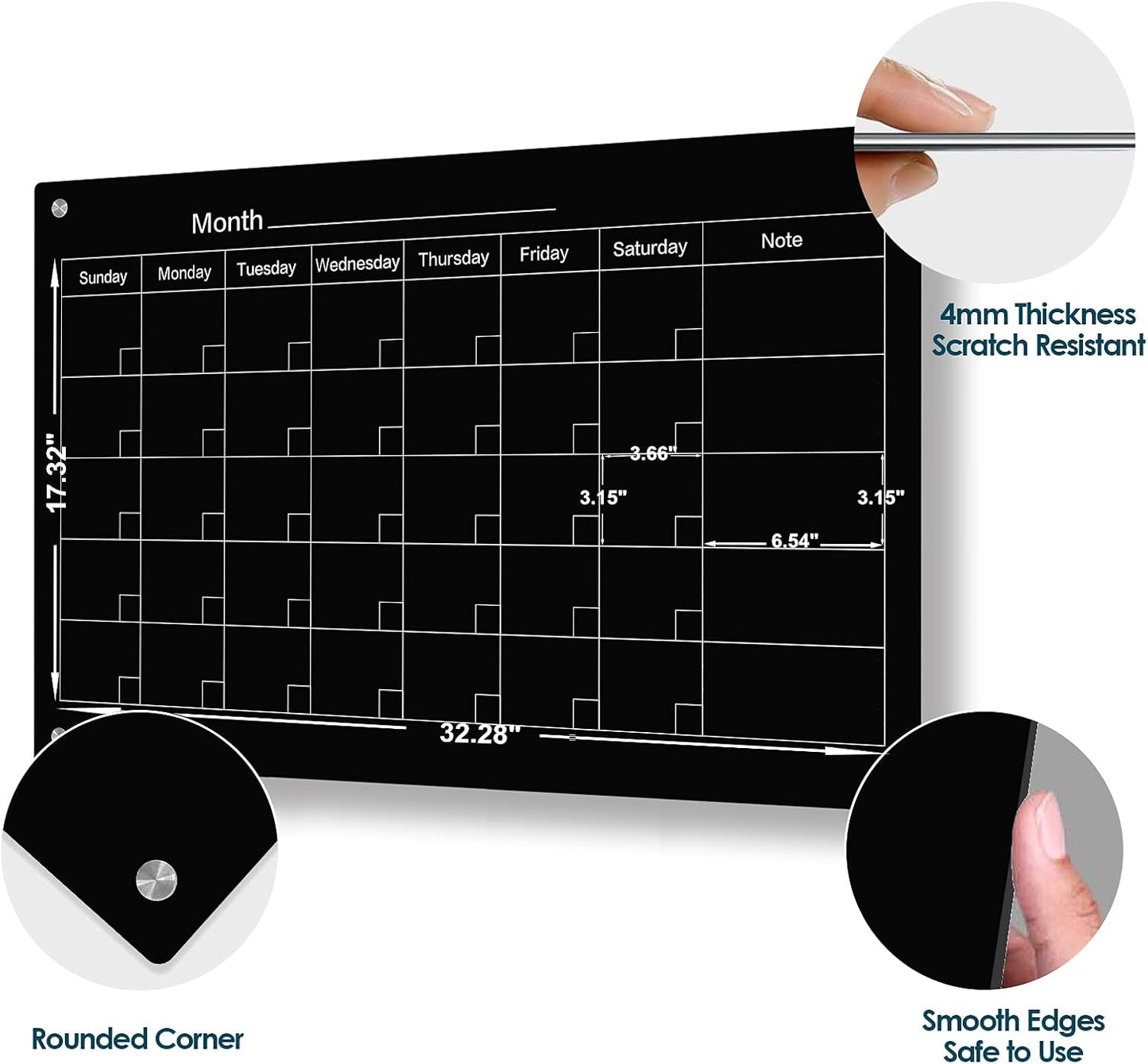 J&J worldwide Magnetic Whiteboard Calendar, 3' x 2' Blsck Glass Wall Calendar Dry Erase Board Monthly Planner for Home, School, Office, Frameless, with Markers, Marker Tray, Eraser, Magnets