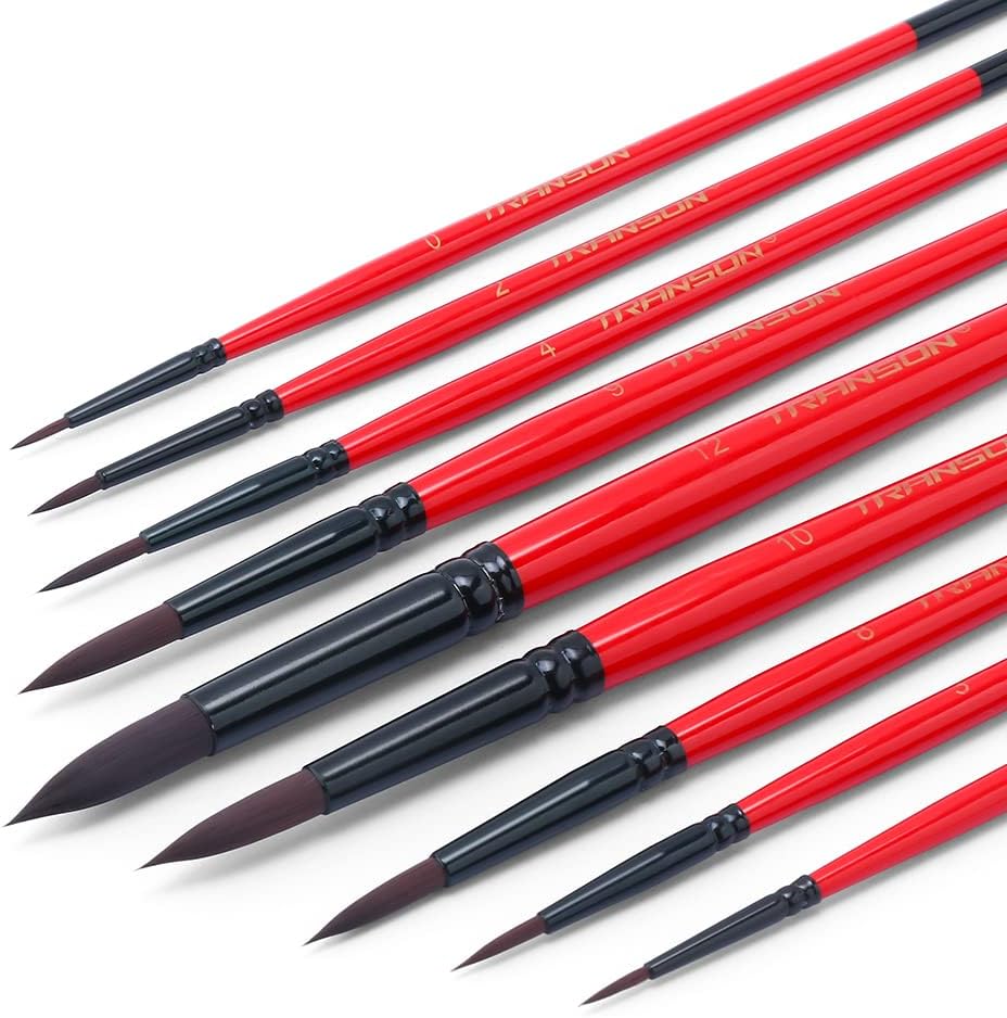 Transon Round Paint Brush Set 9pcs Synthetic Sable Hair for Acrylic Painting Watercolor Painting Gouache Ink Craft and Detail Painting