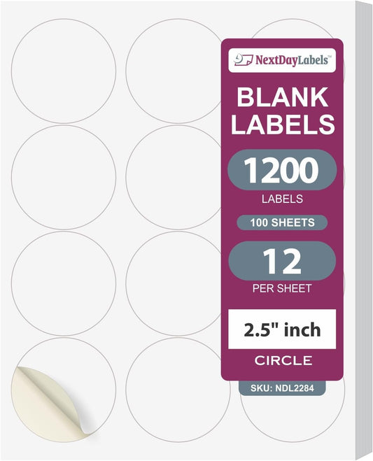 NextDayLabels 2.5 Inch Round Stickers for Printer - Matte White Blank Laser/Inkjet Printable Circles - 100 Sheets, 12 Per Sheet, 1200 Labels