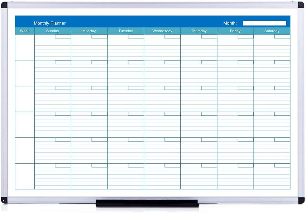 VIZ-PRO Magnetic Dry Erase Monthly Planner, 48 X 36 Inches, Silver Aluminium Frame