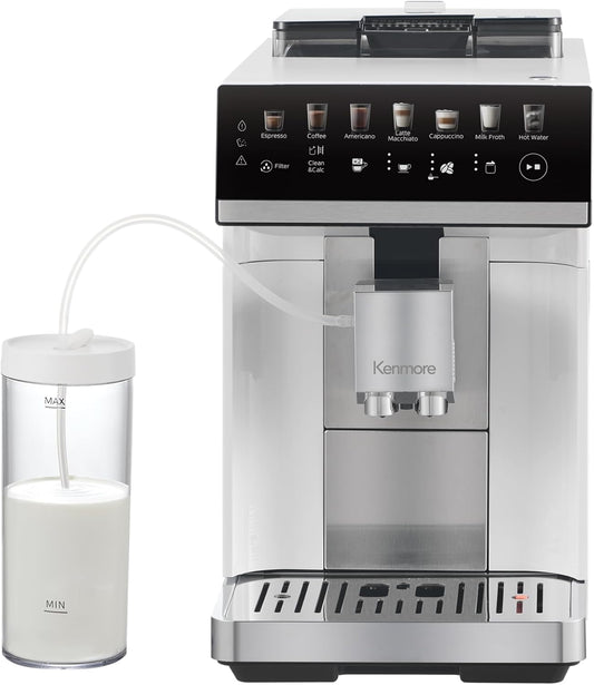 Koolatron Kenmore Espresso Machine – All-In-One Fully Automatic Coffee Maker With Auto Tamper, Descaler, Milk Steamer & Frother, Bean Grinder, Professional Barista Style Cappuccino, Cafe Latte, White