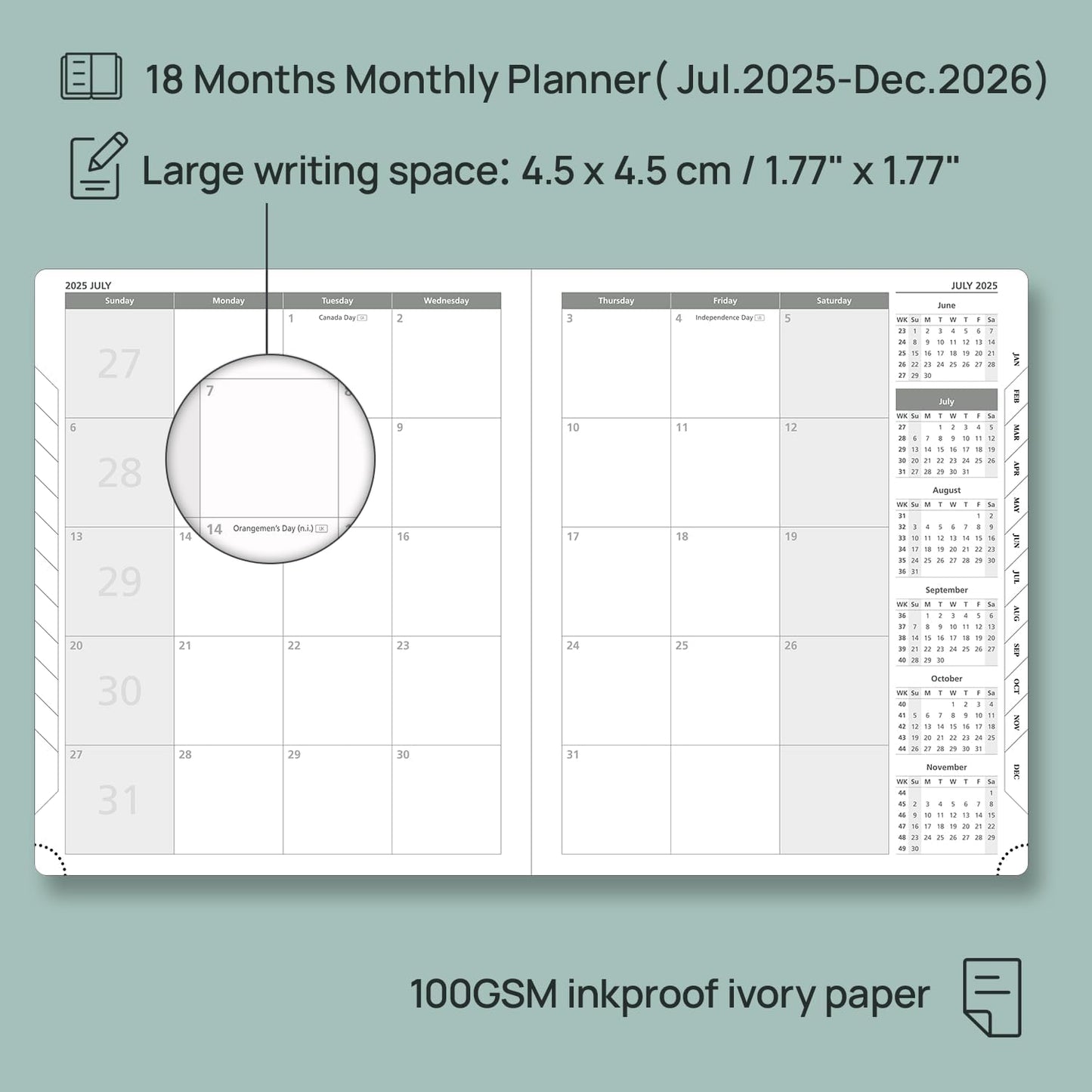 POPRUN Monthly Planner 2025-2026 (Large- 8.5" x 10.5" Soft Cover), 18-Month Calendar Book (Jul.2025-Dec.2026), Calendar Planner with Monthly Tabs & Pocket, 100 GSM Paper - Blue Green