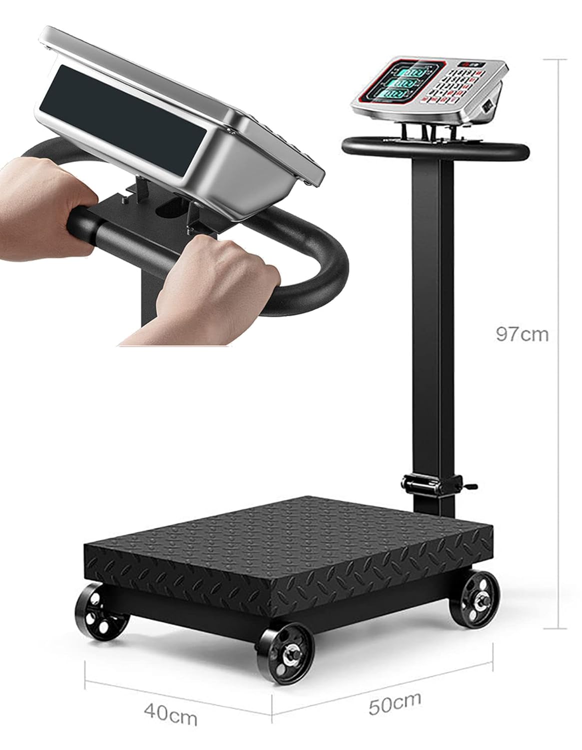 Industrial Platform Scale with Wheels 660lb Computing Digital Floor Scale with Accurate LB/KG Price Calculator High-Definition Displa Foldable Rechargable for Weighing Luggage Package