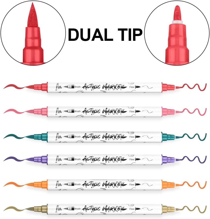 TRANSON 36 Colors Fine and Brush Dual-tip Acrylic Paint Marker Pen Set for Canvas Rock Wood Leather Ceramic DIY Painting