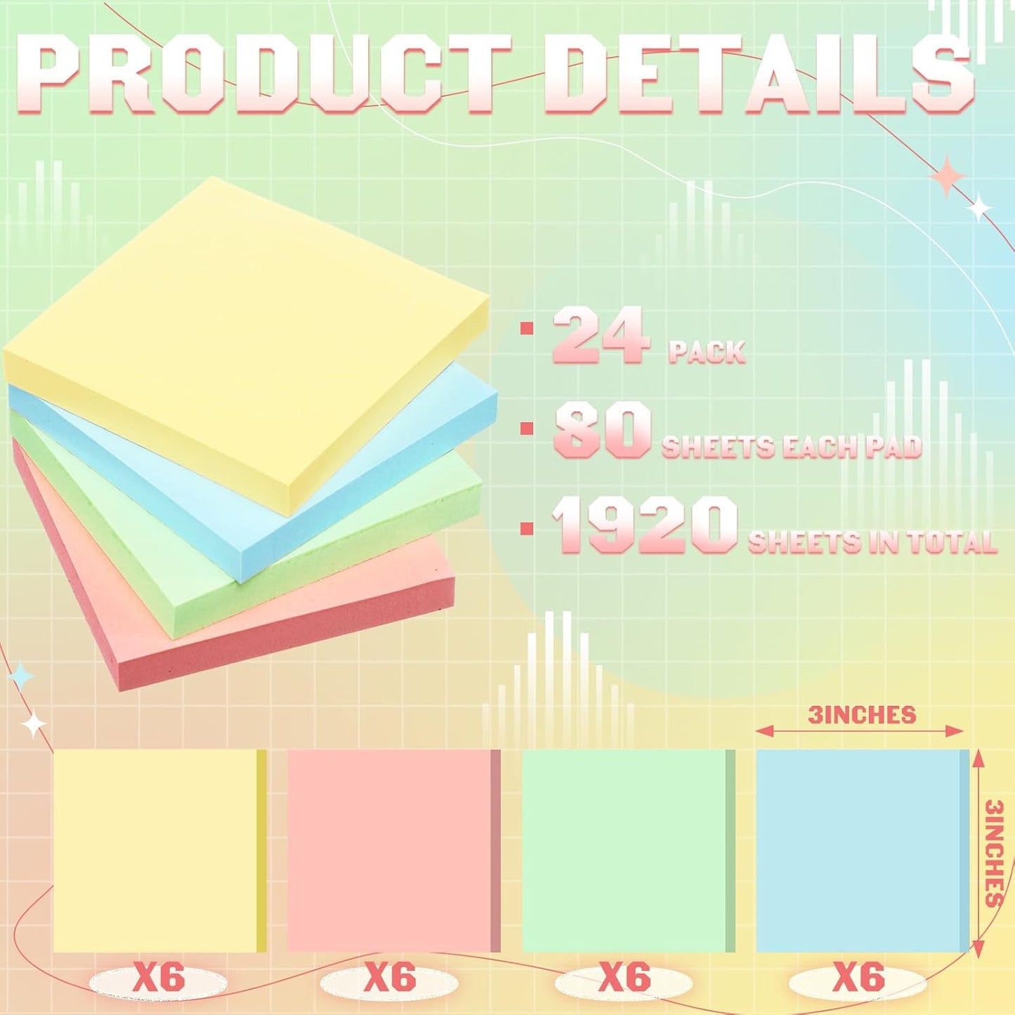 Thenshop 24 Sets Full Adhesive Sticky Notes 3x3 Inches Sticky Notes Adhesive Memo Self-Stick Pads Back to School Supplies Easy to Post for Teacher Coworkers Office 80 Sheets/pad(Colorful,Unlined)