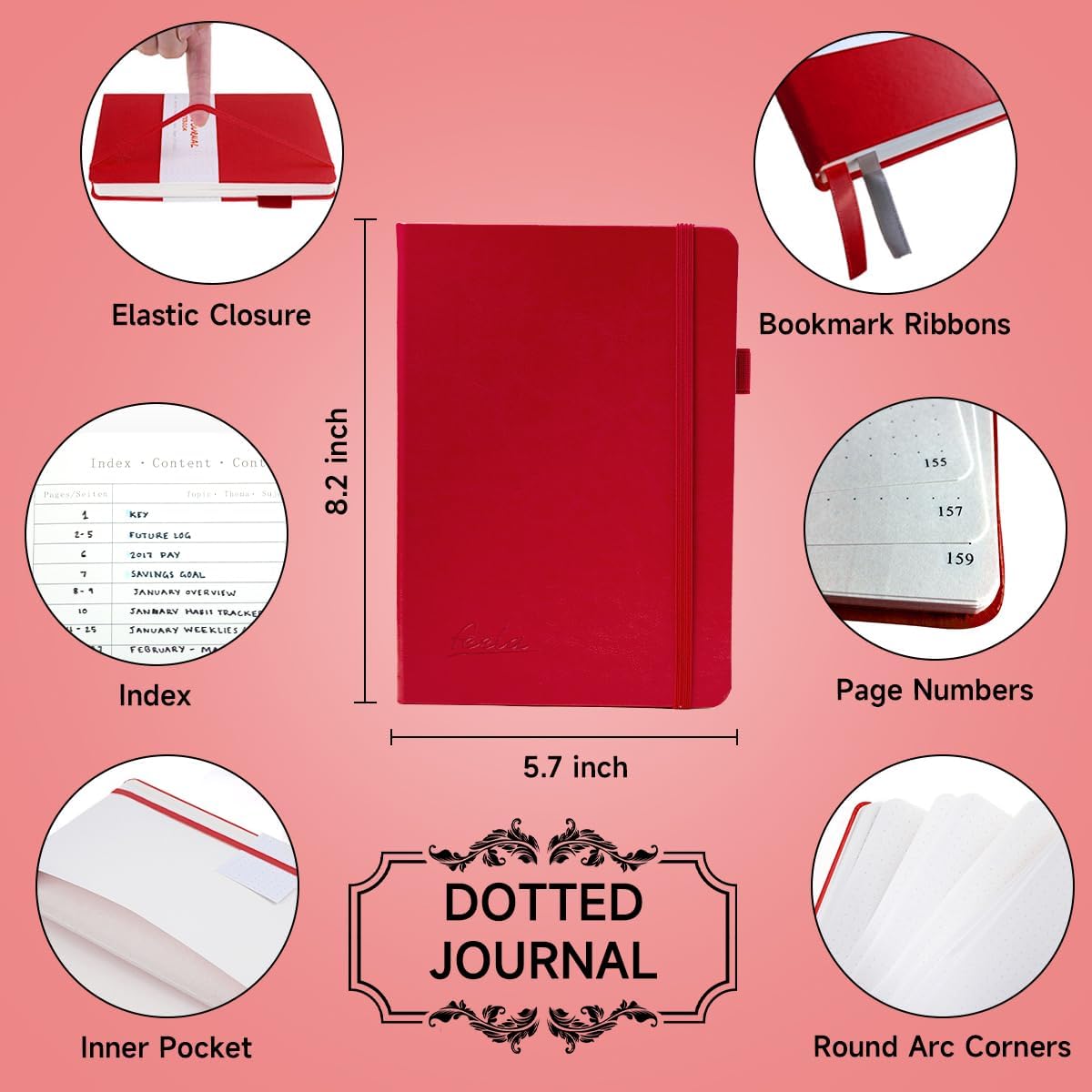 Dotted Journal Kit, Feela Dot Grid Journal Hardcover Planner Notebook Set For Beginners Women Girls Note Taking with Journaling Supplies Stencils Stickers Pens Accessories, A5, 224 Pages, Red