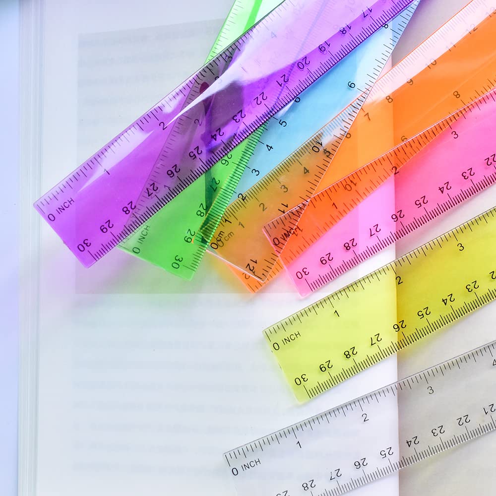 Color Transparent Ruler Plastic Rulers - Ruler 12 inch, Kids Ruler for School, Ruler with Centimeters, Millimeter and Inches, Assorted Colors, Clear Rulers, 7 Pack School Rulers