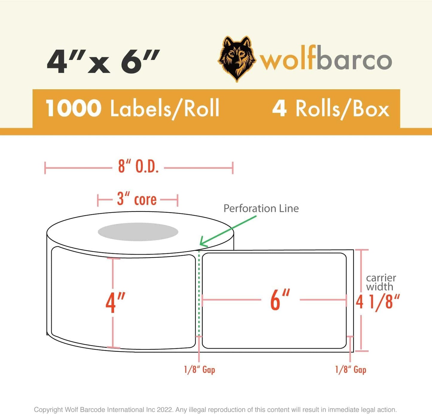 Direct Thermal Paper Label/IndustrialGrade 4" x 6", with Perforation, 3" Core, 8" OD,1000 Pcs/Roll (4Roll/Box) - Purple
