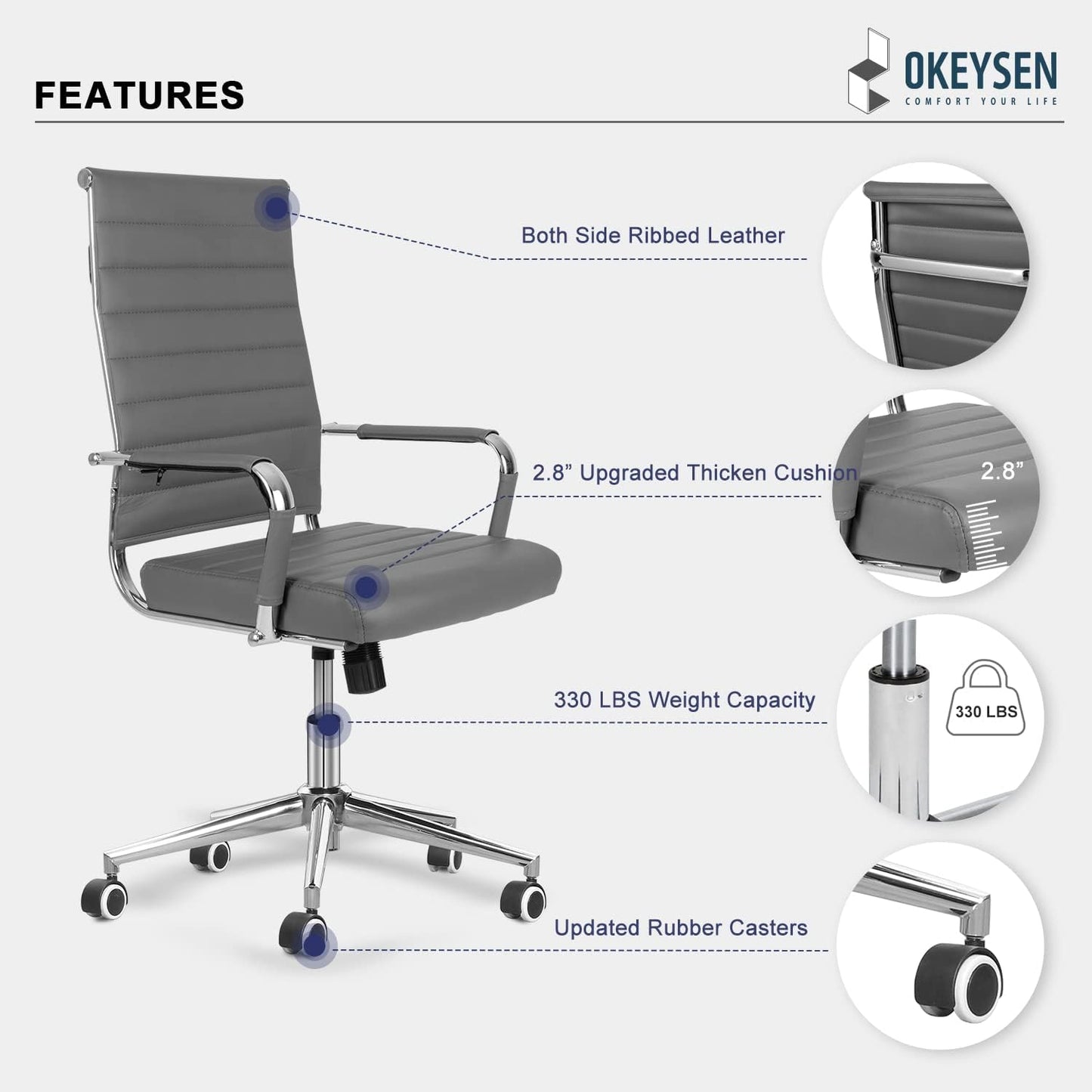Okeysen Ergonomic Office Desk Chair, Modern PU Leather Conference Room Chairs Ribbed, High Back Executive Swivel Rolling Chair for Home, Office