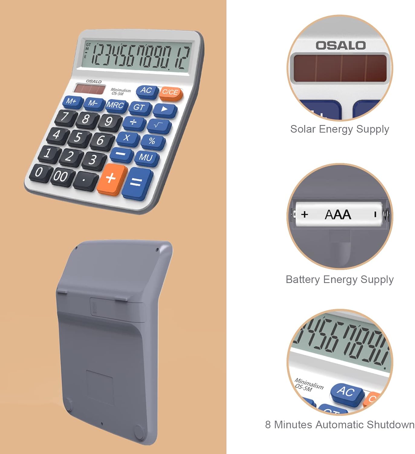 Desktop Calculator Extra Large 5-Inch Clear LCD Display 12-Digit Big Number Button Office Calculator with Auto Sleep Function (OS-5M)