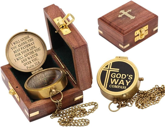 God's Way Solid Brass Engraved Compass - Psalm 32:8, Directional, Baptism & First Communion Gifts for Boys & Girls, Christian Gifts for Men & Boys