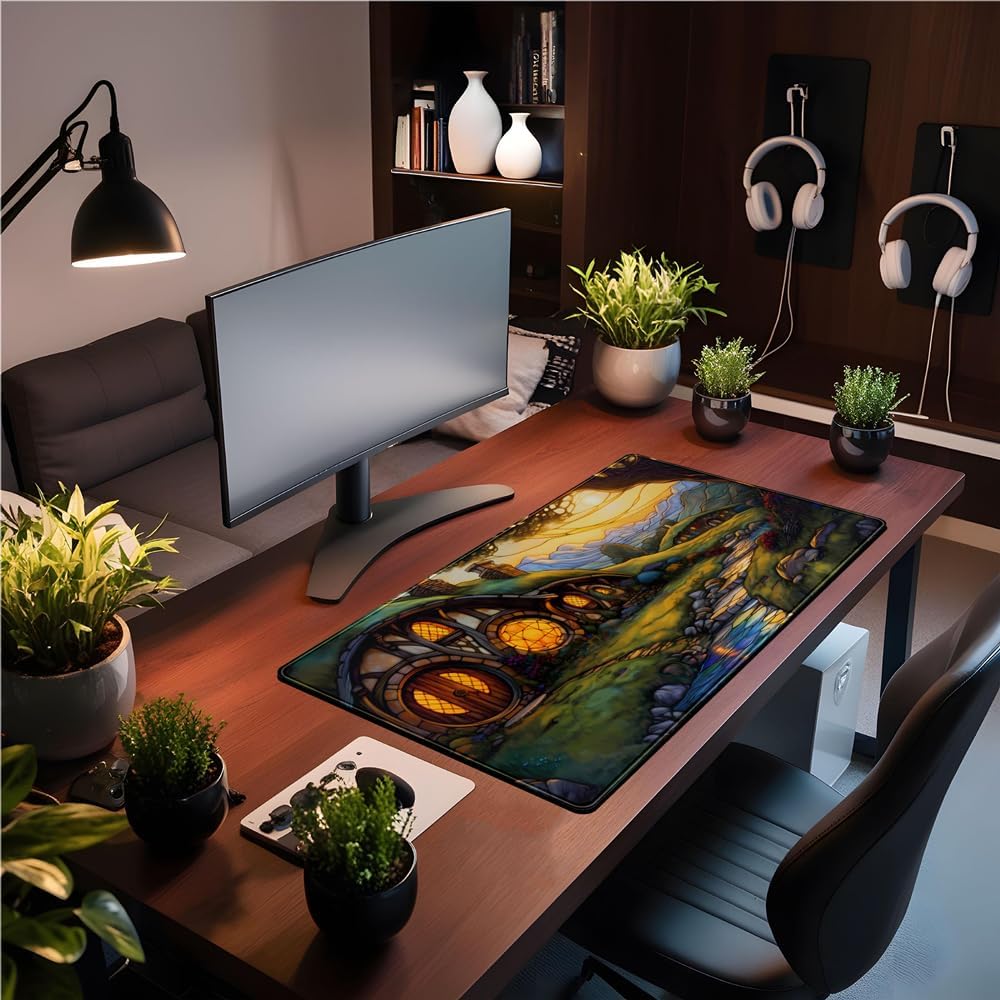 Cute House Anime Mouse Pad Desk Mat Gaming Playmat MTG Game Mat Large Gaming Mousepad for Desk Computer Keyboard Laptop Pad, Desk Decor Home Office with Stitched Eges Pad (31.5x15.7 in)