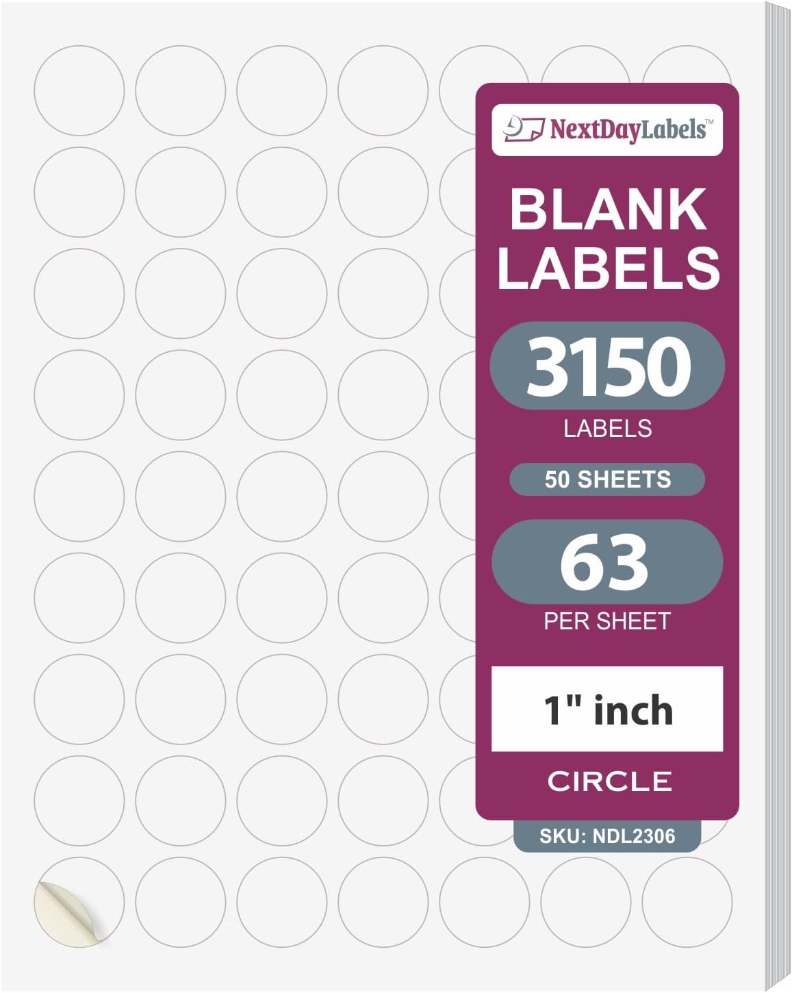 NextDayLabels - 1 Inch Round Circle Stickers - Matte White Blank Laser/Inkjet Printer Labels (50 Sheets, 3150 Labels)