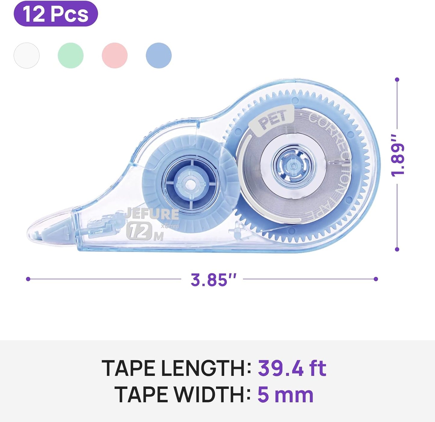 12 Pcs Colorful Core Correction Tape, 39.37 Ft White Wrong Out Tear-Resistant Bulk, Instant Corrections Easy to Use Applicator for School, Office, Note Taking, Journal (Tape Width 0.2 in)