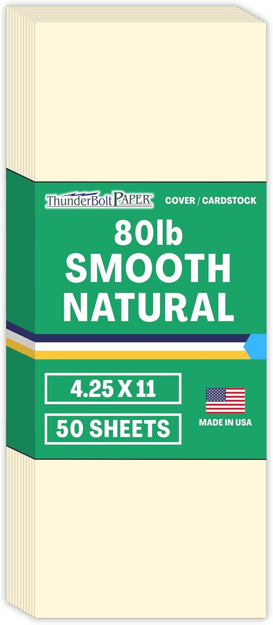 50 Natural Smooth Card Stock Sheets Paper - 4.25 X 11 Inches Half Letter Size Cut Long - 80# (80 lb/pound) Cover Weight - Quality Paper - Smooth Finish