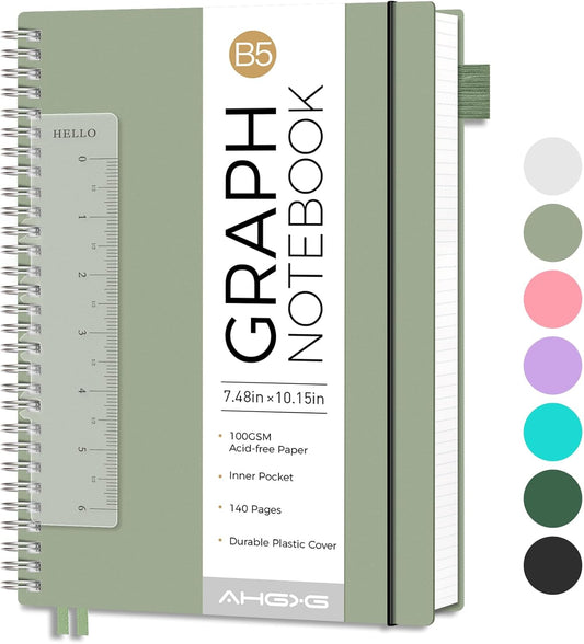 AHGXG Graph Paper Notebook - Spiral Notebook Journal 7.6" x 10", B5 Large Graph Notebook, 140 Pages, 100 gsm Thick Grid Paper, Waterproof Plastic Cover, for School Writing Engineering, Sage Green
