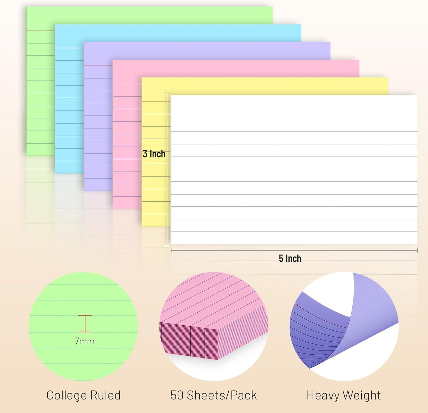 300 Count Colored Index Cards 3 x 5 Inch Ruled Index Cards, Flash Cards College Ruled for School, College, Office and Home Organization, Durable Study To Do List Note Cards with Ruled Lines