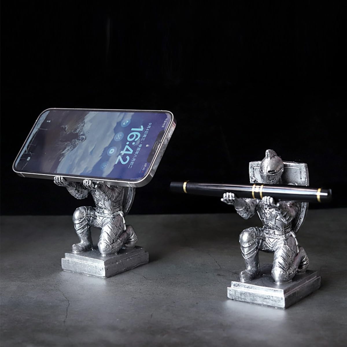 Resin Soldier Shield Knight Decor Statue Pen Holder Base for Desk, Desktop Organizer Pencil Stand Display for Office, School, Home, as Gift for Men Father