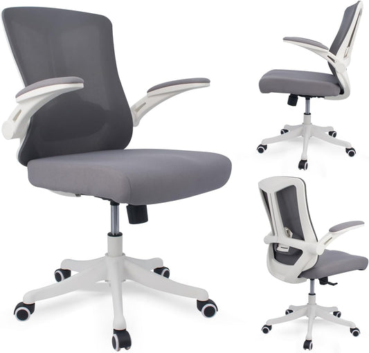 Ergonomic Comfort Home Desk Office Chair, Mid Back Computer Gaming Chair with Wheels, Adjustable Height, Lumbar Support, Flip-up Armrest with 350LBS Capacity (White Grey)